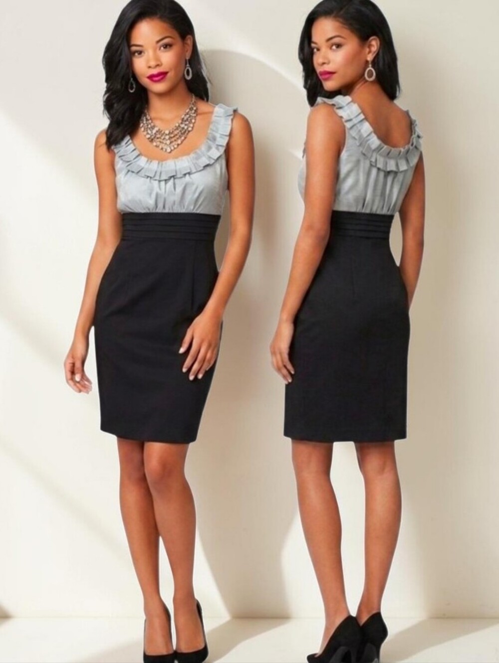JESSICA HOWARD Silver and Black Ruffle Trimmed Sheath Cocktail Dress - Size 12
